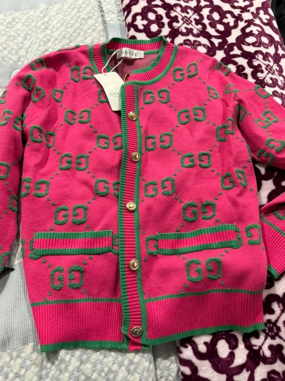 Gucci Kids Hot Pink and Green GG Logo Cardigan Jacket